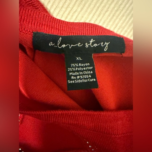 A Love Story Red Sweater XL Rhinestone Sheer Star Detail - Picture 5 of 9